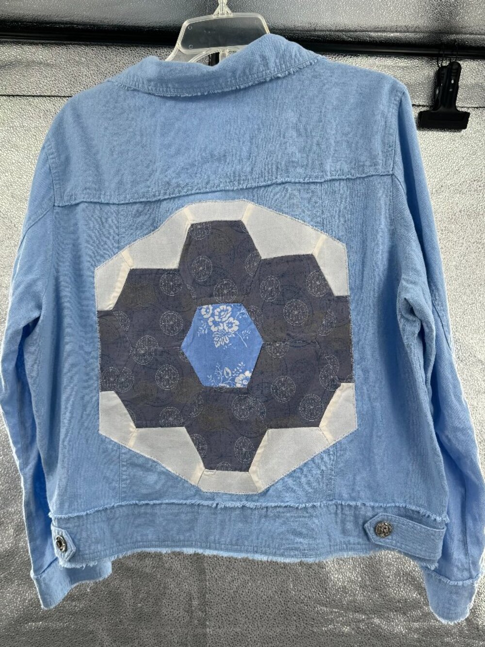 Blue Linen Upcycled Calligraphie Jacket with Quilting squares sewn on Size XL